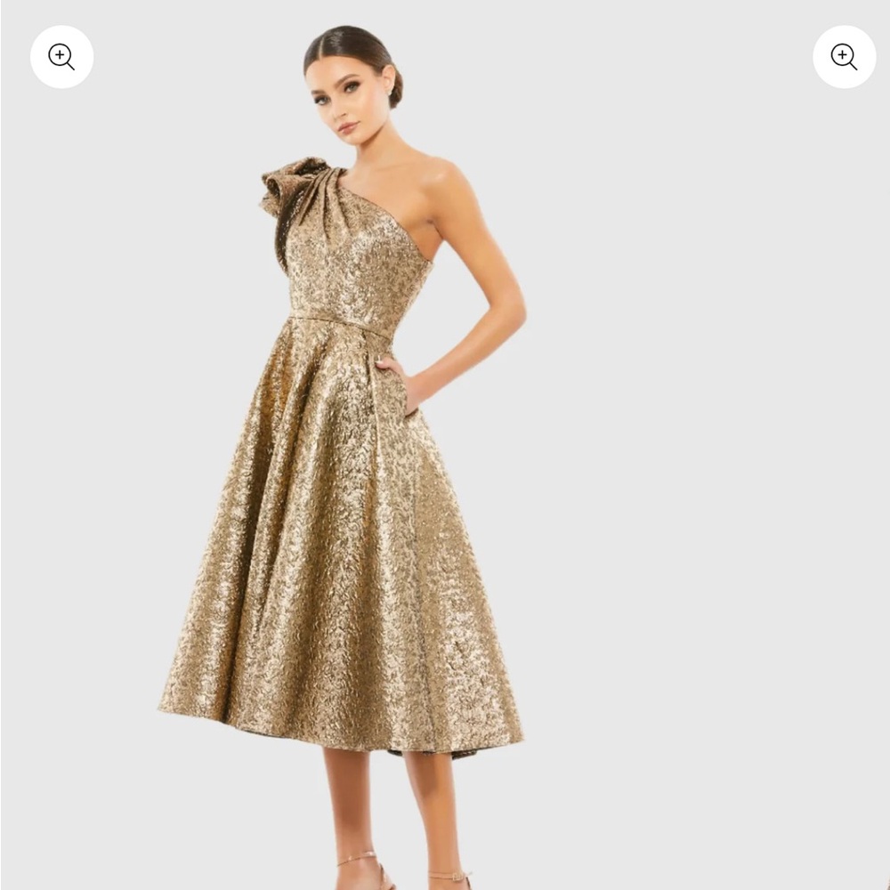 Gold One Shoulder Bow Midi Dress With Pockets